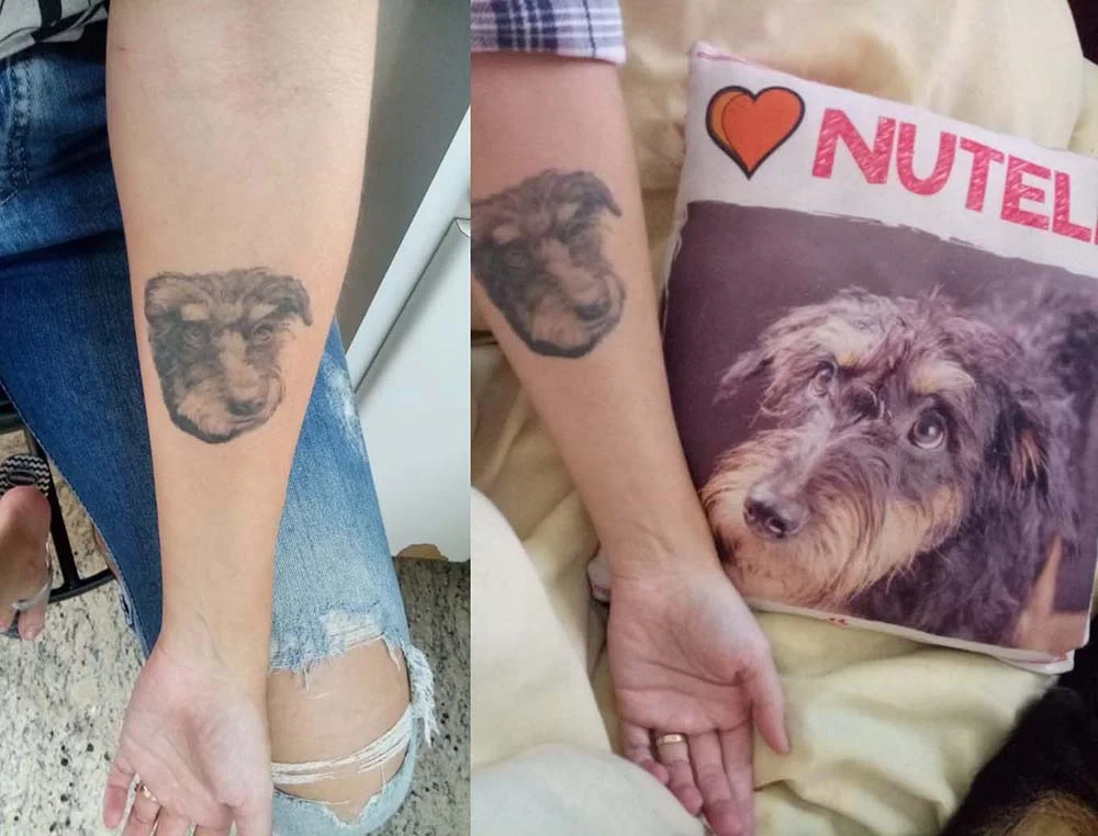 A Angélica queria levar a cadelinha para todos os lugares: resolveu tatuar no braço