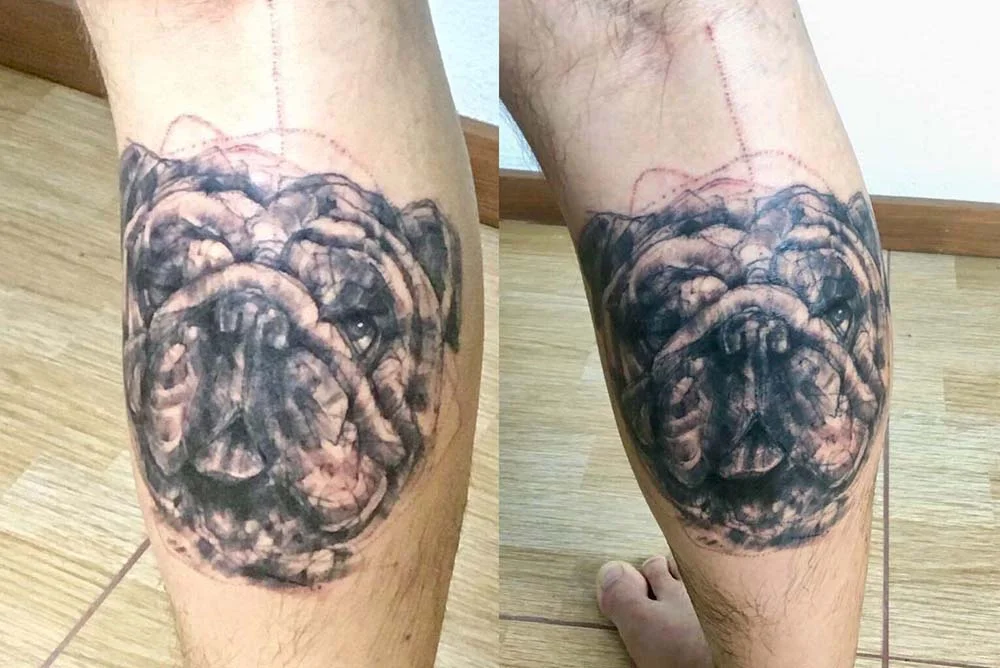 O Jimmy foi o primeiro cachorro do Daniel e sempre fazia essa carinha feliz quando estava no colo do dono: a tatuagem surgiu como homenagem depois que ele morreu, em 2015