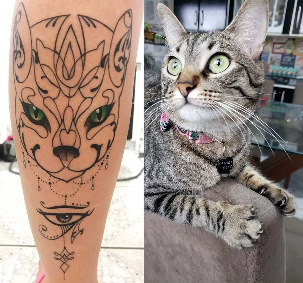 A Sabrina tatuou a Tika com os marcantes olhos verdes, bem imponente e delicada como a gatinha é