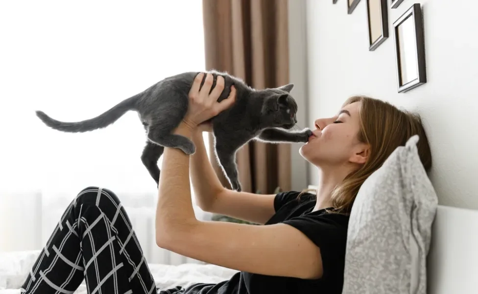como pegar gato do jeito certo: mulher segurando gato