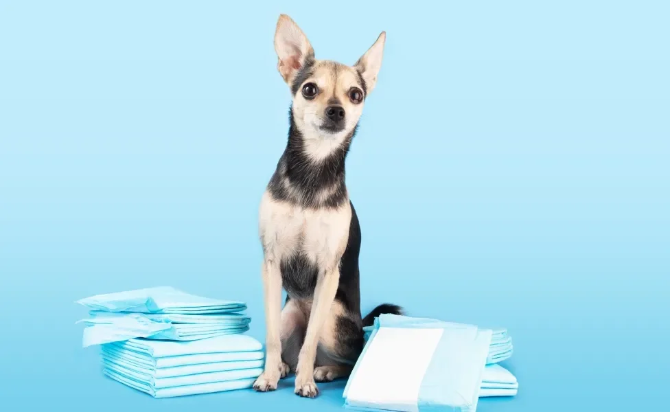 Cachorrinho perto de várias fraldas absorventes para pets