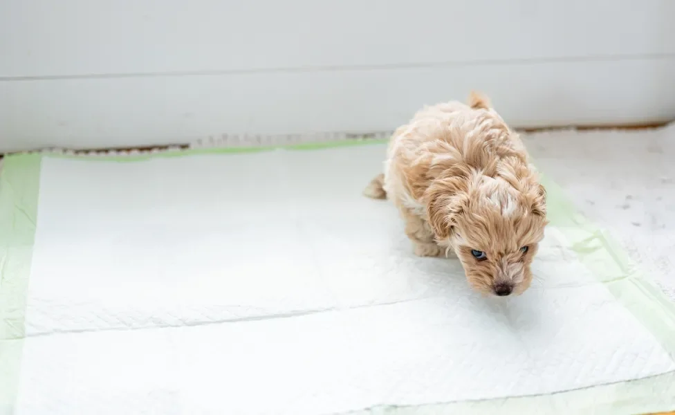 Cachorrinho peludo amarelo fazendo xixi em tapete higiênico