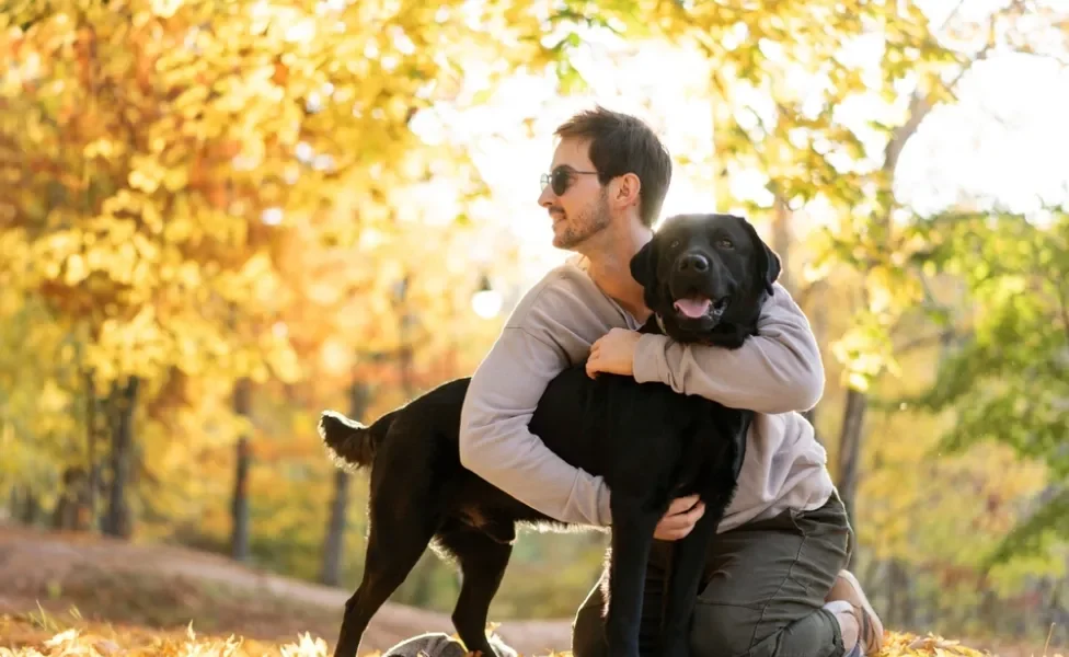 cachorro preto com dono no parque