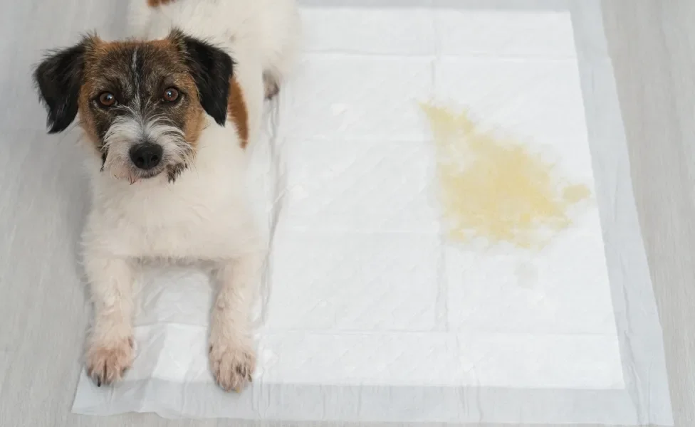 Cão deitado em cima de tapete higiênico ao lado de xixi