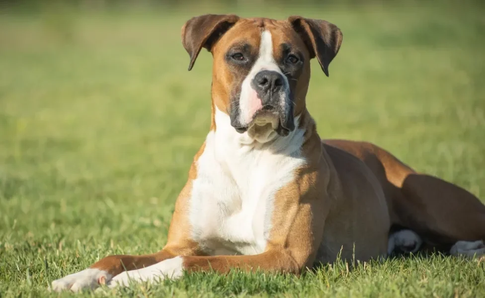 boxer deitado na grama