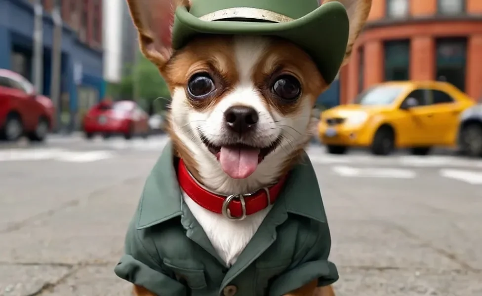 filhote de chihuahua com roupa e boné verde