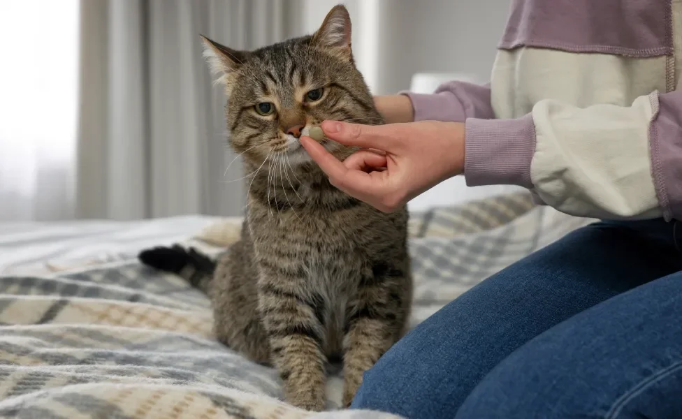 Gato sentado em cama junto de tutora olhando incomodado para o comprimido que ela lhe oferece
