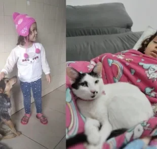 Dia das crianças pets: Lívia tem 4 aninhos e está nas fotos com a gatinha resgatada Surya e a cadela Julie, da raça Pastor Boiadeiro