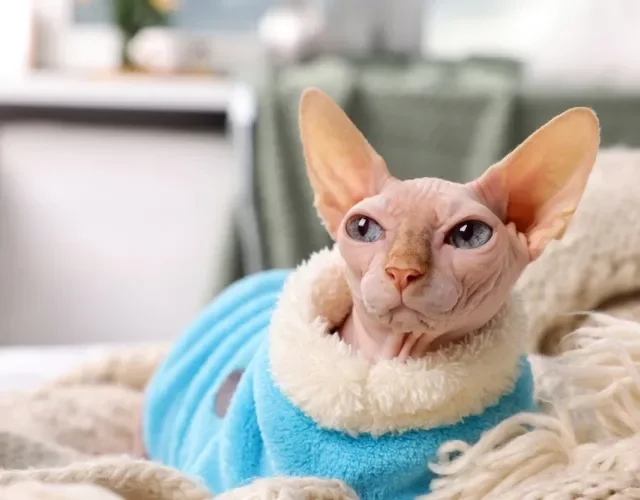 gato sem pelo sphynx com casaquinho azul