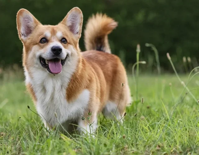 Conhecido como o cachorro da Rainha, o Corgi é peludinho e muito fofo Cachorro Corgi em ambiente externo