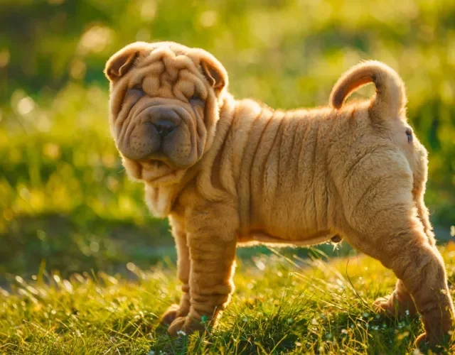 Tente não se apaixonar pela fofura do Shar Pei Cachorro Shar Pei marrom em ambiente externo