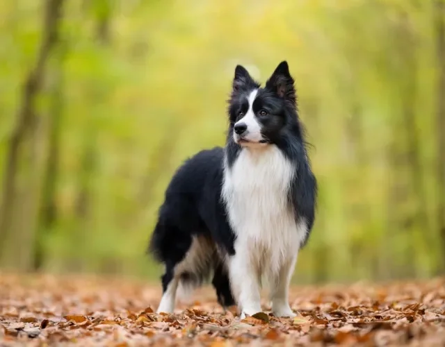 Border Collie preto e branco na floresta