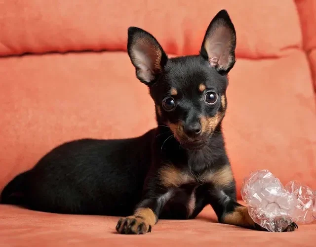 Pinscher filhote deitado em sofá vermelho