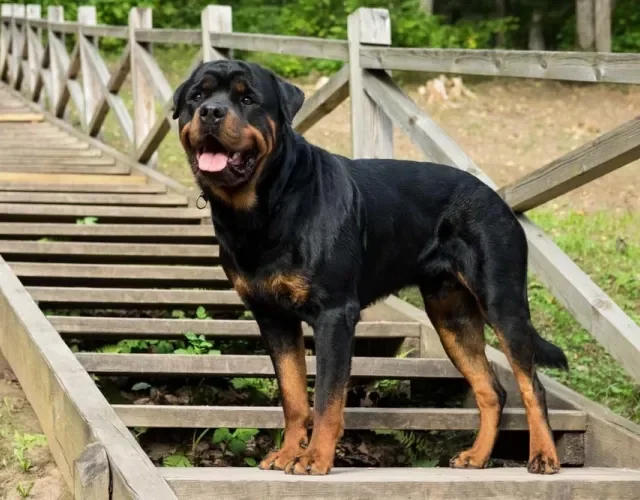 Rottweiler em cima de escada