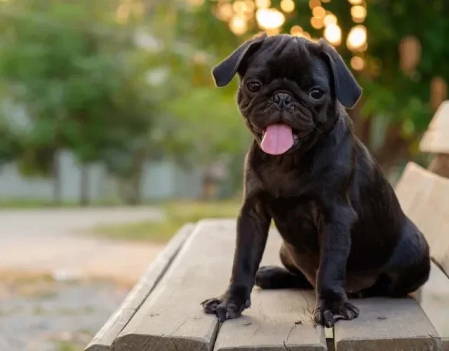 Pug sentado em banco de praça com língua de fora