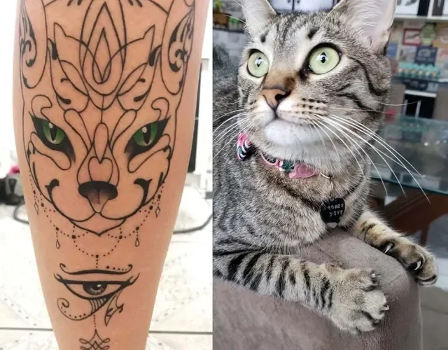 A Sabrina tatuou a Tika com os marcantes olhos verdes, bem imponente e delicada como a gatinha é