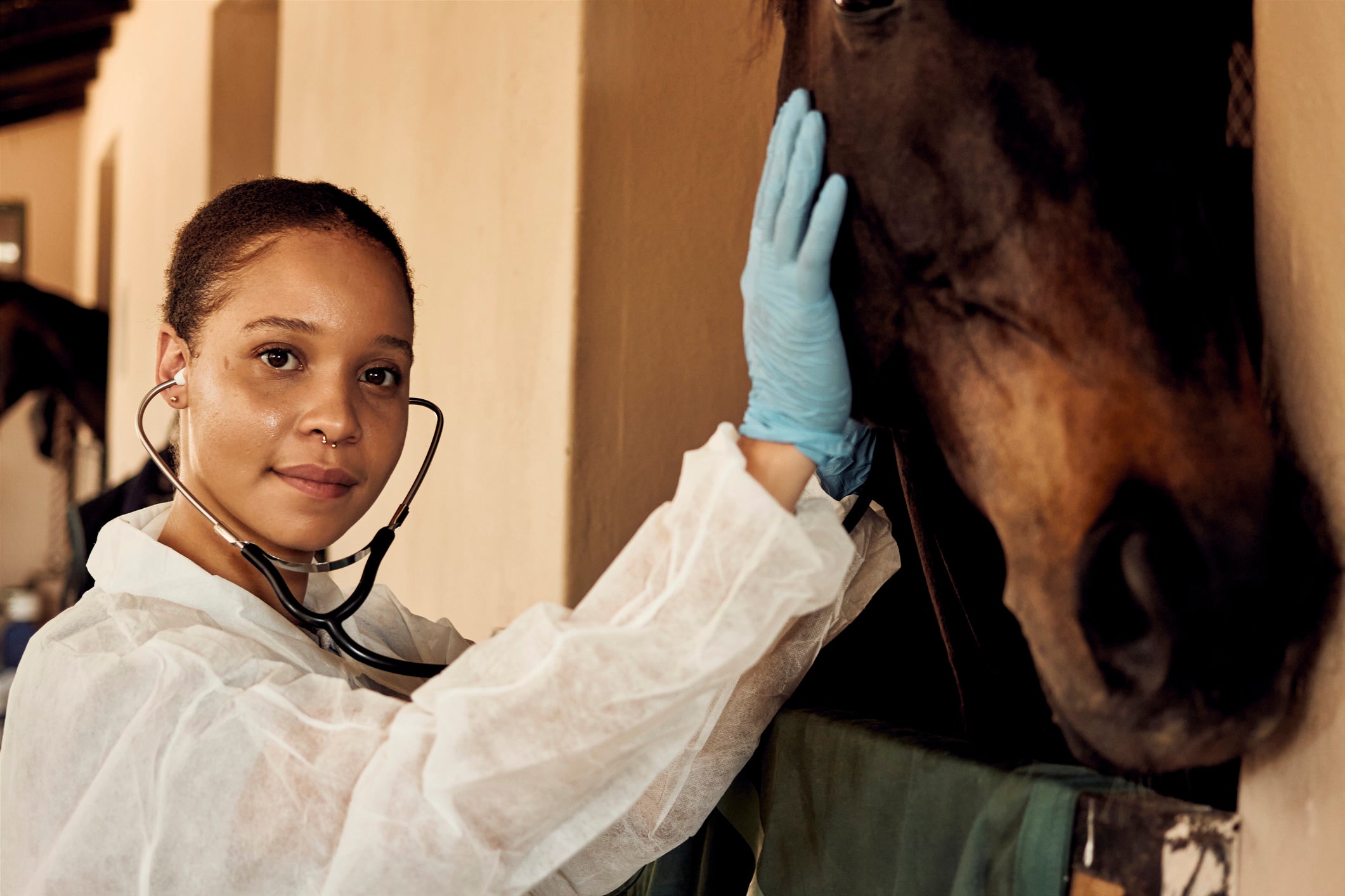 veterinária de equinos fazendo carinho no cavalo