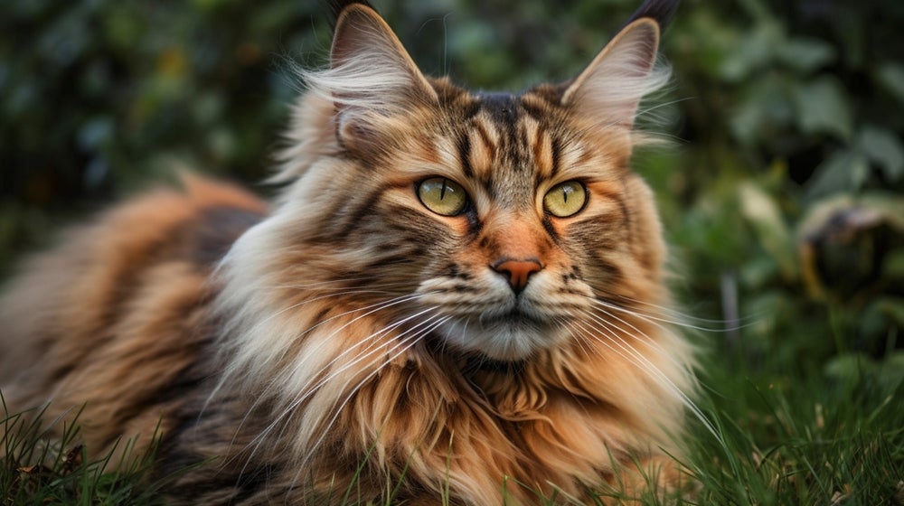 Gato Maine Coon deitado na grama e rodeado de plantas